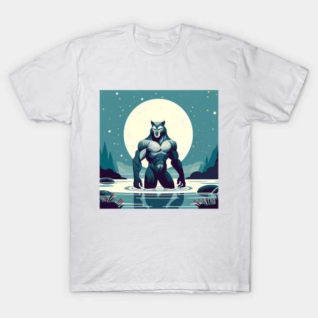 Bathing Werewolf Muscular Bara Art T-Shirt by Blue Bull Bazaar